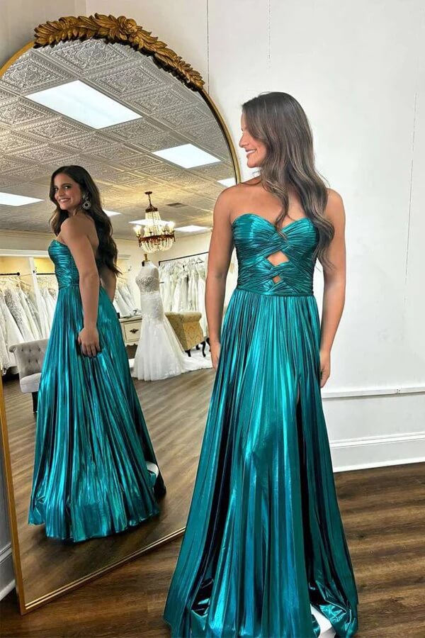 Sweetheart Metallic Pleated Emerald Green Long Prom Dress PSK591 US8 / Custom Color Sweetheart Metallic Pleated Emerald Green Long Prom Dress PSK591 US8 / Custom Color
