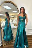 Emerald Green Satin Sweetheart Neck Pleated Strapless Prom Dresses, PL660