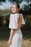 Fairy Satin A Line V Neck Short Sleeves Modest Wedding Dresses With Train, PW520 image 2