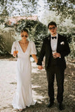 Fairy Satin A Line V Neck Short Sleeves Modest Wedding Dresses With Train, PW520 image 1