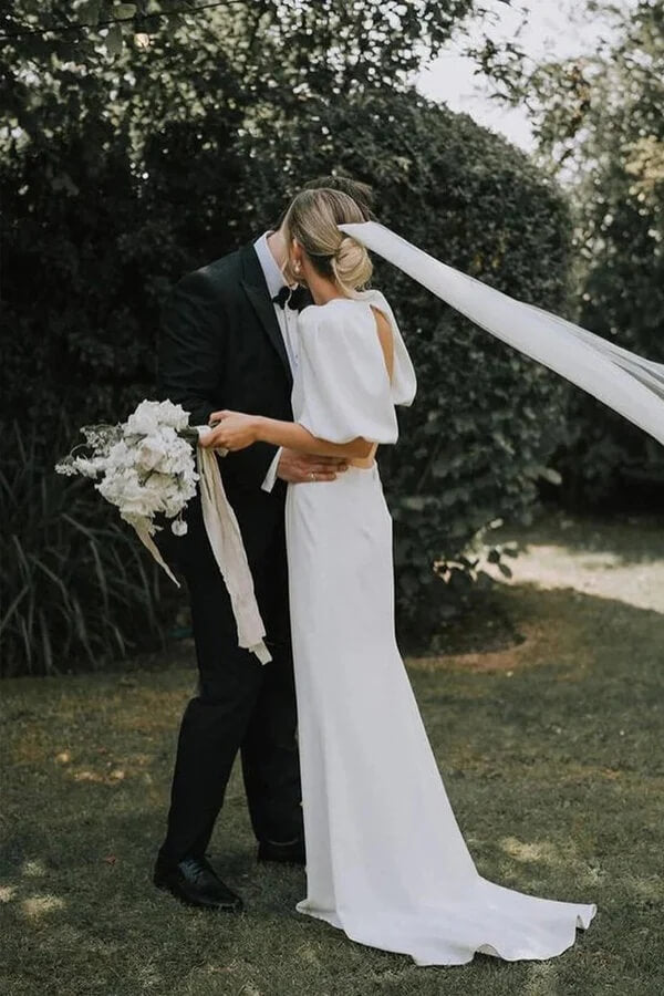 Fairy Satin A Line V Neck Short Sleeves Modest Wedding Dresses With Train, PW520
