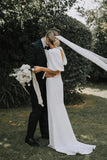 Fairy Satin A Line V Neck Short Sleeves Modest Wedding Dresses With Train, PW520 image 3