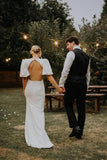Fairy Satin A Line V Neck Short Sleeves Modest Wedding Dresses With Train, PW520 image 4