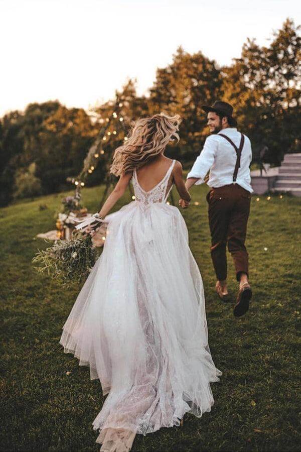Flowy Tulle Lace A Line Sweep Train Wedding Dresses, PW392