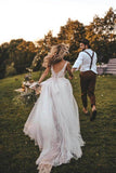 Flowy Tulle Lace A Line Sweep Train Boho Wedding Dresses With Feather, PW392 | lace wedding dresses | beach wedding dress | bohemian wedding dress | promnova.com