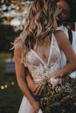 Flowy Tulle Lace A Line Sweep Train Boho Wedding Dresses With Feather, PW392 | v neck wedding dress | summer wedding dress | tulle wedding dress | promnova.com