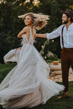 Flowy Tulle Lace A Line Sweep Train Boho Wedding Dresses With Feather, PW392 | backless wedding dress | outdoor wedding dresses | wedding dress stores | promnova.com