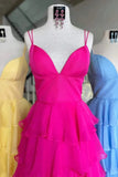 Fuchsia Chiffon A Line V Neck Spaghetti Straps Ruffles Prom Dresses, PL617 | cheap long prom dress | evening dresses | long formal dress | promnova.com