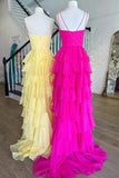 Fuchsia Chiffon A Line V Neck Spaghetti Straps Ruffles Prom Dresses, PL617 | yellow prom dress | new arrival prom dress | evening gown | promnova.com