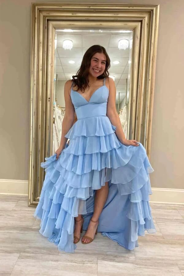 Fuchsia Chiffon A Line V Neck Ruffles Prom Dresses, PL617 | Promnova Fuchsia Chiffon A Line V Neck Ruffles Prom Dresses, PL617 | Promnova
