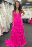Fuchsia Chiffon A Line V Neck Spaghetti Straps Ruffles Prom Dresses, PL617 | pink prom dress | simple prom dress | party dress | promnova.com