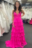 Fuchsia Chiffon A Line V Neck Spaghetti Straps Ruffles Prom Dresses, PL617