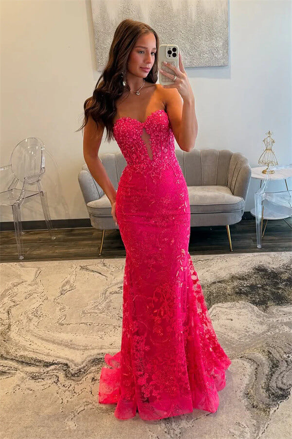 Fuchsia Mermaid Sweetheart Neck Lace Prom Dresses, PL768 Fuchsia Mermaid Sweetheart Neck Lace Prom Dresses, PL768