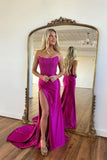 Fuchsia Satin Mermaid Bateau Sleeveless Long Prom Dress With Appliques, PL746