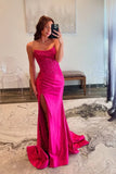 Fuchsia Satin Mermaid Scoop Strapless Prom Dresses With Appliques, PL754