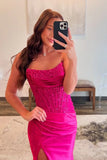 Fuchsia Satin Mermaid Scoop Strapless Prom Dresses With Appliques, PL754 | cheap prom dresses online | simple prom dress | evening dresses | promnova.com