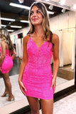 Fuchsia Sheath V Neck Lace Spaghetti Straps Short Homecoming Dresses, PH464 | short prom dress | homecoming dress stores | short party dress | promnova.com