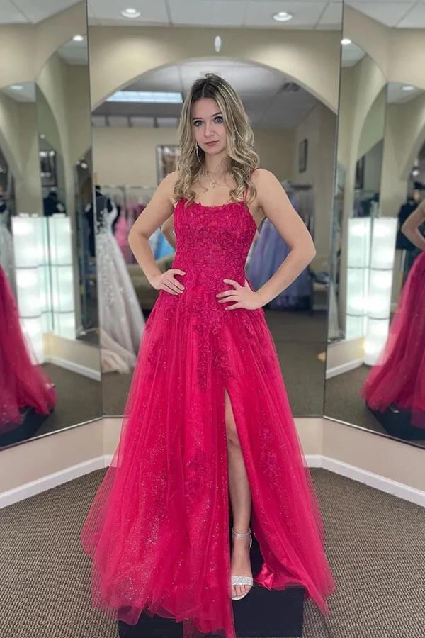 Fuchsia A-line Tulle Scoop Neckline Applique Slit Long Prom Dress US6 / Fuchsia