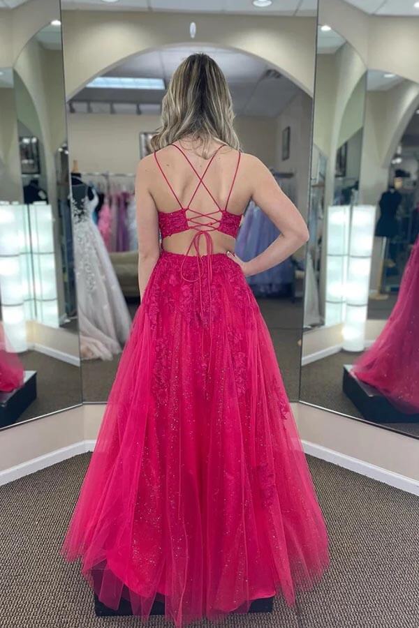 Fuchsia A-line Tulle Scoop Neckline Applique Slit Long Prom Dress US6 / Fuchsia Fuchsia A-line Tulle Scoop Neckline Applique Slit Long Prom Dress US6 / Fuchsia