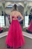 Fuchsia Tulle A Line Scoop Lace Appliques Long Prom Dresses With Slit, PL576 | floor length prom dress | party dress | long formal dresses | promnova.com