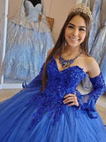 Glittering Blue Tulle Ball Gown Sweetheart Prom Dresses With Appliques, PL573 image 3