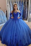 Glittering Blue Tulle Ball Gown Sweetheart Prom Dresses With Appliques, PL573
