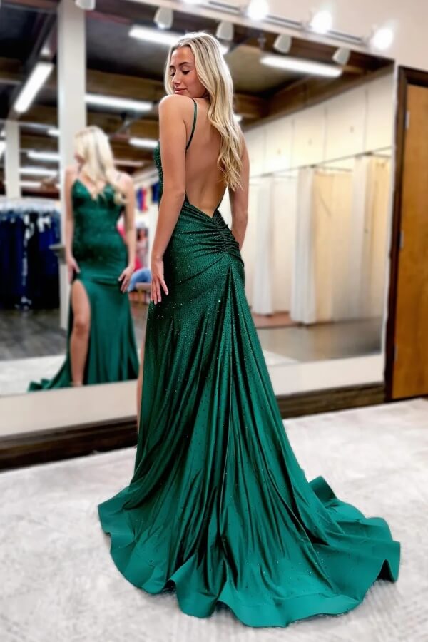 open back beaded prom dress Dark Green Stretch Satin Long Dress With Beaded Lace Appliqu And Open