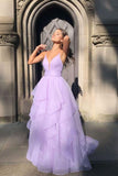 Glittery Purple Tiered Tulle A Line Spaghetti Straps Prom Dress, Evening Dress, PL760 | lilac prom dress | simple prom dress | party dress | promnova.com