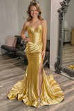 Gold Satin Mermaid Sweetheart Neck Long Prom Dresses With Split, PL654