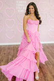 Gorgeous Pink Chiffon Tiered A Line Sweetheart Long Prom Dresses With Slit, PL765