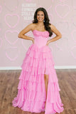 Gorgeous Pink Chiffon Tiered A Line Sweetheart Long Prom Dresses With Slit, PL765