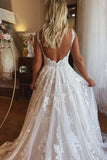 Gorgeous Tulle A Line V Neck Backless Lace Wedding Dresses With Pockets, PW528 | beach wedding dress | lace wedding gown | wedding dress stores near me | promnova.com