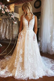 Gorgeous Tulle A Line V Neck Backless Lace Wedding Dresses With Pockets, PW528 | cheap lace wedding dresses | boho wedding dress | wedding dress shops near me | promnova.com