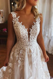 Gorgeous Tulle A Line V Neck Backless Lace Wedding Dresses With Pockets, PW528 | wedding dresses online | custom made wedding dress | bridal gown | promnova.com