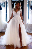 Gorgeous Tulle A Line V Neck Lace Appliques Long Sleeves Wedding Dresses, PW399 | tulle wedding dress | v neck wedding dress | vintage wedding dress | promnova.com