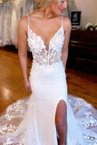 Gorgeous Tulle Mermaid Open Back Lace Wedding Dresses With Split, PW385 | v neck wedding dresses | beach wedding dresses | wedding dress near me | promnova.com