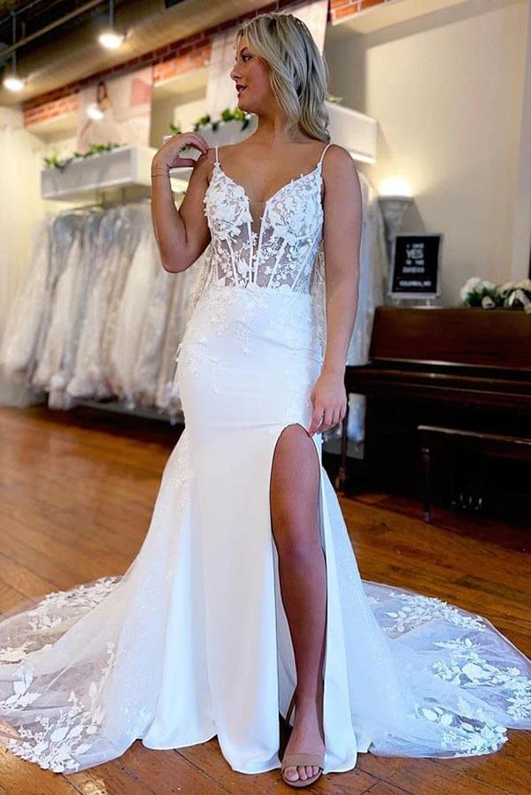 Gorgeous Tulle Mermaid Open Back Lace Wedding Dresses With Split, PW385 | cheap lace wedding dress | wedding dresses online | bridal gown | promnova.com