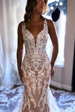 Gorgeous Tulle Mermaid V Neck Wedding Dresses With Lace Appliques, PW472 | beach wedding dress | v neck wedding dress | wedding gown | promnova.com