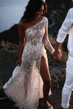 Graceful Tulle A Line One Shoulder See-through Lace Wedding Dresses, PW509 | backless wedding dress | beach wedding dress | wedding dress near me | promnova.com