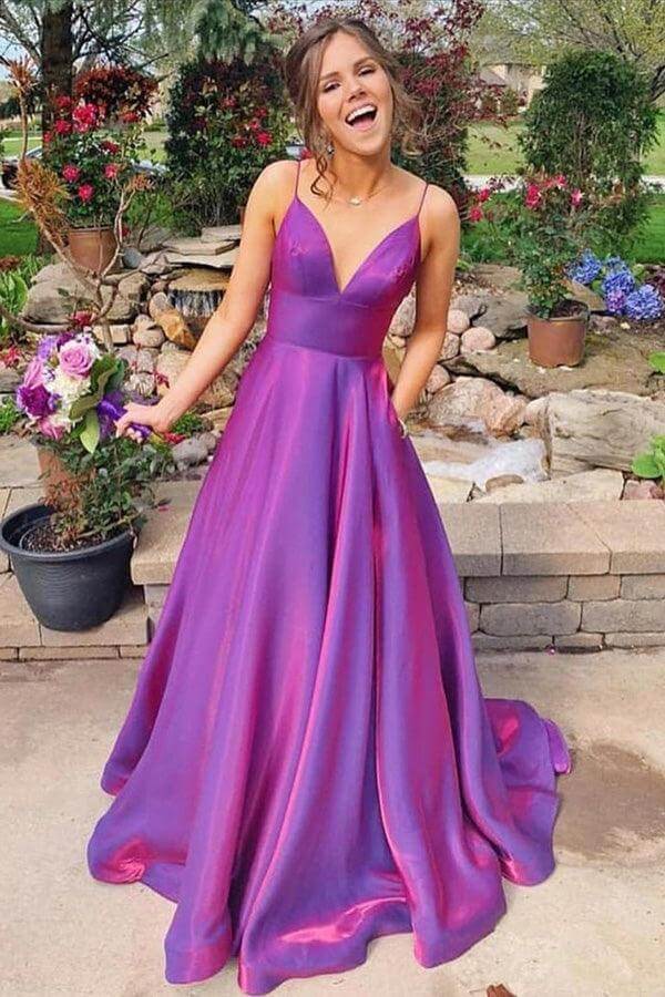 fitted lace wedding dress V Neck Purple Long Satin Prom Dresses, Purple Long Satin Formal Graduation Dresses, US 2 / Purple As Pics / with Rush+$19.99