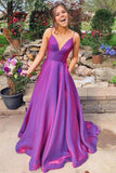 Grape Satin A Line V Neck Spaghetti Straps Prom Dresses With Pockets, PL615 | purple prom dress | simple long prom dress | party dress | promnova.com