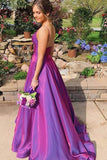 Grape Satin A Line V Neck Spaghetti Straps Prom Dresses With Pockets, PL615 | shiny prom dress | evening dress | prom dresses for girls | promnova.com
