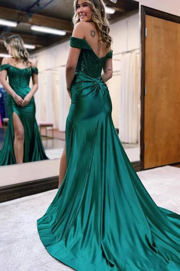 Green Lace Mermaid Off-the-Shoulder Long Prom Dresses PL563