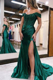 Green Lace Mermaid Off-the-Shoulder Long Prom Dresses With Side Slit, PL563