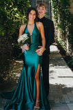 Green Satin Mermaid Halter Sleeveless Prom Dresses With Sweep Train, PL675