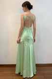 Green Satin Sheath V Neck Lace Appliques Long Prom Dresses, Party Dresses, PL784 image 3