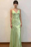 Green Satin Sheath V Neck Lace Appliques Long Prom Dresses, Party Dresses, PL784