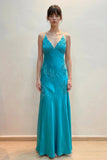 Green Satin Sheath V Neck Lace Appliques Long Prom Dresses, Party Dresses, PL784 image 4