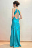 Green Satin Sheath V Neck Lace Appliques Long Prom Dresses, Party Dresses, PL784 image 5