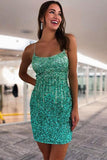 Green Sequins Scoop Neck Spaghetti Straps Short Homecoming Dresses, PH452 | green homecoming dress | cheap homecoming dress | shiny homecoming dress | promnova.com